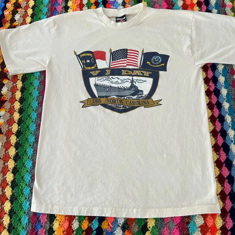 90s Single Stitch Military USS North Carolina V J Day Veteran Japan Navy…